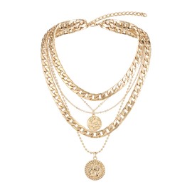 FANZE Gold Pendant Necklace for Women, Multilayer Cuban Curb Link Chain Bead Chain Engraved Round Coins, Chunky Charms Statement necklace Layered Choker, Reteo Dainty Outfit Accessories Jewelry Gifts