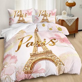AILONEN Eiffel Tower Pink Duvet Cover Set Queen Size,Tie Dye Flower Comforter Cover Set for Girls Women,3-Piece Pink and Gold Watercolor Gold Paris Duvet Cover with 2 Pillowcases