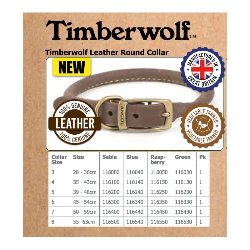 Ancol Timberwolf Leather Round Collar Sable 55cm -63cm Size 8