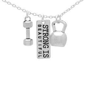 Art Attack Strong Is Beautiful Workout Gym Necklace, Barbell Dumbbell Kettlebell Exercise Pendant Charms