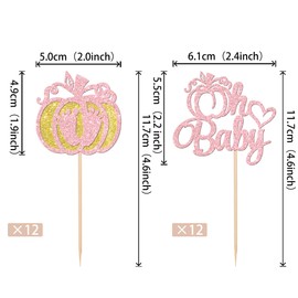 24 piezas de decoración de calabaza, oh para bebé, diseño de corazón con purpurina, pies de bebé, calabaza, magdalenas, temática de otoño, baby shower, niños, cumpleaños, fiesta de Acción de Gracias, decoración de pasteles, suministros de color rosa clar