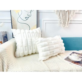 DRNOU Set of 2 Snow White Faux Fur Throw Pillow Covers 30 x 30 Inch,Plush 3D Stripted Pattern Decorative Boho Pillow Cover Case Cushion Cover for Sofa Couch Bed Livingroom Farmhouse,Modern Accent