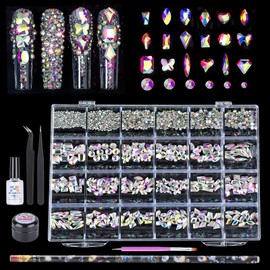 Nail Rhinestones Kit, 24 Types Special Shaped Diamonds for Nails, Flat-Bottomed 3D Crystal Stones with Gems Glue and Remover, 2pcs Tweezers, Drill Pen, Nail Brush and Crayon Drill Pen (AB Rhinestones)