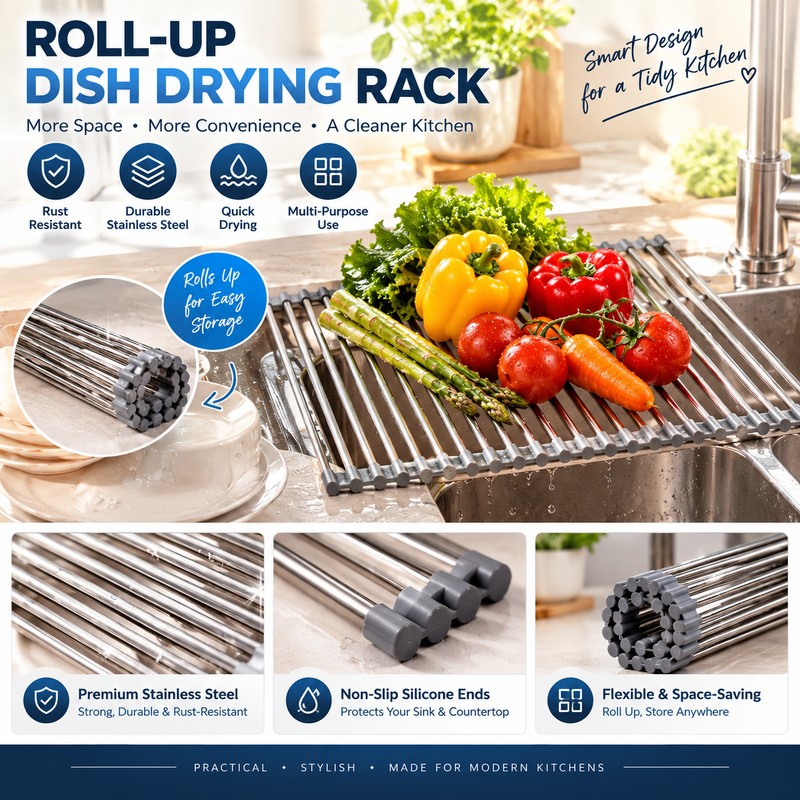 Roll-Up Stainless Steel Sink Drying Rack for Kitchen Counter Space