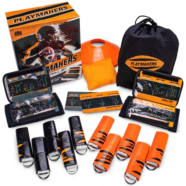 Playmakers Flag Football Set: Call Plays Like the Pros – Includes 2 Teams of 5 Flags, 2 QB Wristbands, 6 Double-sided Play Inserts (18 Plays), 10 Field Marker Cones, Rulebook, & Yard Marker Bean Bag