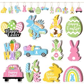 WEINIBAO Wooden Easter Pendants, Pack of 24 Wooden Easter Pendants, Easter Bunny Pendants, Easter Wooden Pendants, Easter Decoration for Hanging, for Easter, Spring Party Decoration
