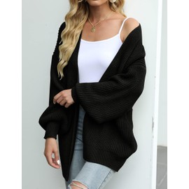 MEROKEETY Women's 2023 Fall Open Front Long Lantern Sleeve Cardigan Oversized Chunky Outwear with Pocket Black