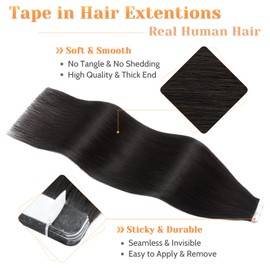 Tape in Hair Extensions Human Hair S-noilite 20 Inch Tape in Extensions Human Hair #1B Natural Black Balayage Seamless Straight Tape in Human Hair Skin Weft 20pcs 50g/pack
