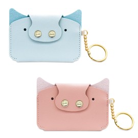 AfitLulu 2 Pack Credit Card Holder Wallet with Metal Keychain, Creative Bus Pass Holder Cute Credit Card Wallet PU Leather Bank Card Holder Card Sorting Wallet (Blue+Pink)