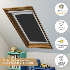 OBdeco Thermal Roller Blind, 100% Blackout Sun Protection, Blackout Roller Blind for Velux Roof Windows, Heat Protection, No Drilling, with Suction Cups, Black, 48 x 115 cm, for F08/208