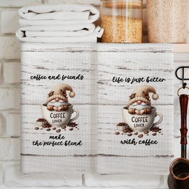 Coffee Gnomes Coffee Bar Decor Kitchen Towels Set of 2, Coffee Lover Gifts for Women Girls, Coffee Bar Accessories Decoration Tea Towels Kitchen Hand Towels 16x24 Inch for Coffee Station Decor