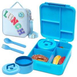 Bento Lunch Box for Kids with 8.5oz Soup Thermo, Kids Leakproof Lunch Food Containers with 4 Compartment, Blue Nylon Insulated Lunch Bag Adjustable Strap for Girl Teens School Travel Picnic