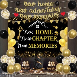 JOYMEMO Housewarming Party Decorations for New Home, Rustic New Home New Chapter New Memories Backdrop, New Adventures Banner, New House for Women or Men Supplies Indoor Outdoor