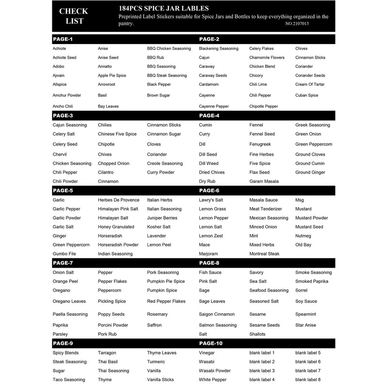 184 Spice Jar Labels, Prefdo Minimalist Preprinted Black Sticker White