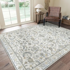 GENIMO Washable Area Rugs for Living Room Bedroom, 8x10 Boho Vintage Non Slip Rug, Low Pile Soft Floral Indoor Floor Carpet Cover for Dining Room Kitchen, Beige Cyan
