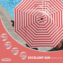 Tempera 9ft Patio Market Outdoor Table Umbrella with Push Button Tilt and Crank,Large Sun Umbrella with Sturdy Pole&Fade resistant canopy,Easy to set,Red White Stripe