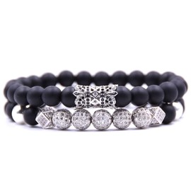 HYHONEY 2PCS/Set Micro Pave Zircon 8mm Charm Beads Bracelet for Men Women His and Hers Couple Bracelet Natural Black Matte Onyx Stone Beads Elastic Adjustable (B-silver)