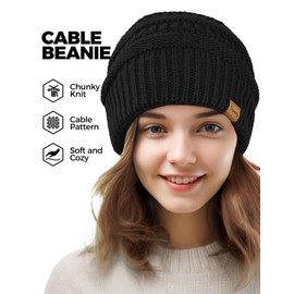 Black Slouchy Beanies for Women Cable Knit Winter Hats Ladies Gifts Oversized Chunky Skull Cap Thick Warm Stocking Caps for Cold Weather Cute Fashionable Spring Fall Beanies Hat Snow Caps Christmas