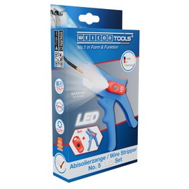 WEICON Wire Stripper No. 5 LED Set, Precise 0.2-6mm² Wire Stripping Pliers with 3 Brightness Levels for Dark Work Areas
