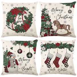 Christmas Throw Pillow Covers 18x18 inches Set of 4 Red and Green Cushion Covers 45cm x 45cm Linen Square Xmas Decoration Throw Pillow Cases for Living Room Bedroom Sofa Couch Bed Cushion Cases