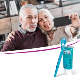 miradent Tong-Clin De Luxe Tongue Cleaner Blue Transparent Pack of 1 | for Gentle Removal of Tongue Plaques and Bad Breath | Short Bristle Field | Extra Flat | Concave Curved Scraping Function