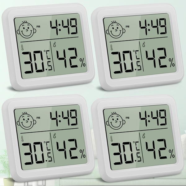 DazSpirit Digital Room Thermometer Indoor Hygrometer, Temperature Humidity Monitor, Humidity Meter with Comfort, Time, Date Functions for Bedroom, Baby Room, Greenhouse, Cellar, Office, Car (4pcs)