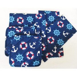 Navy Blue Nautical Kitchen Linens Set (5 Items Total) 2 Potholders 1 Hot Pad 2 Tea Towels Made In USA Nautical Boating Anchor Design