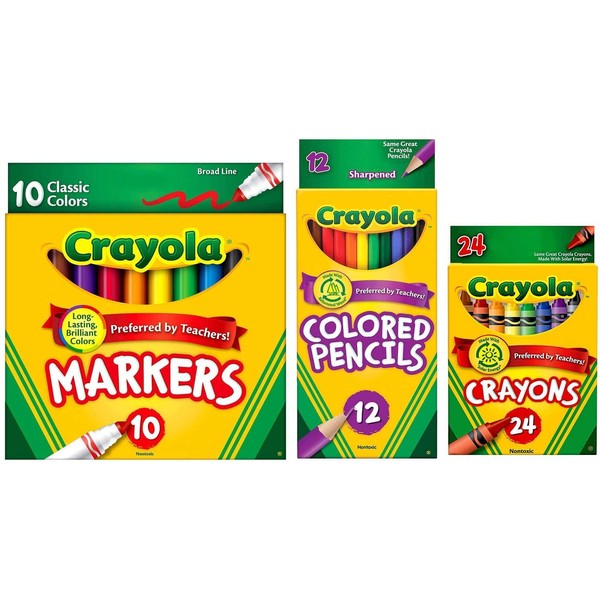 Crayola Classic Bundle: 3 Items - Crayons (24 Count), Broad Line Markers (10 Count), Colored Pencils (12 Count)