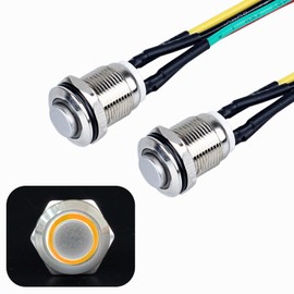 JIQI 2 x 12 mm Momentary Metal Push Button Switch 12 V to 24 V 2 A Momentary Push Button Switch with LED Light IP66 1NO Button Waterproof Button Push Button for Boat Truck RV Car (High Head, Yellow)