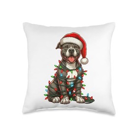 Pit bull Dog Christmas Lights Santa Hat Boys Girls Kids Throw Pillow