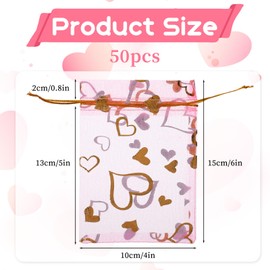 50PCS Sheer Heart Organza Bags Pink Mesh Drawstring Gift Bag 4''x6'' Heart Print Jewelry Pouches Candy Bags for Valentine's Mother's Christmas Wedding Party Favor Goodie Candy Treat Birthday