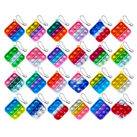 24 Pack Mini Pop Fidget Toys Keychain, Anxiety Stress Reliever Hand Toys, Small Square Push Squeeze Sensory Toys to Relieve Emotional Stress