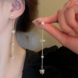 Yheakne Vintage Schmetterling Perlen Kette Ohrringe Winzige Strass Schmetterling Baumeln Ohrringe Gold Perle Tropfen Ohrringe Lange Perle Ohrringe Boho Perle Ohrstecker Schmuck Für Frauen