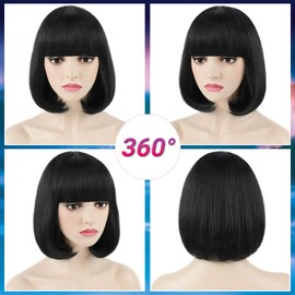 Tereshar Black Bob Wig with Bangs for Women Short Straight Heat Resistant Synthetic Bob Wigs for Daily Party Costume Cosplay Halloween or Fun（Black）