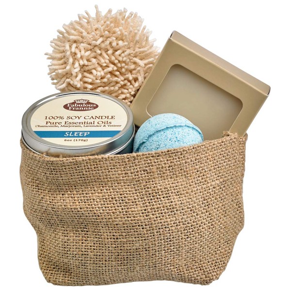 Fabulous Frannie All Natural Sleep Gift Basket Includes 4oz Soap, 2.75 Bath Bomb, 6oz Candle, and Soap Sponge