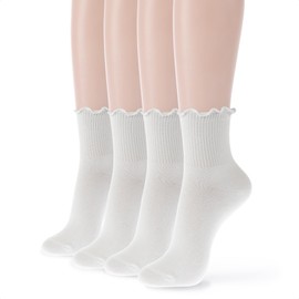 kikiya socks Women Ankle | 4 Pairs Ruffle Trouser Dress Socks | White Color Cute Frilly Design Comfort Soft Cotton Socks | Preppy Womens Ladies Girls Daily Casual Fashion Socks | Ruffle A - White (4)