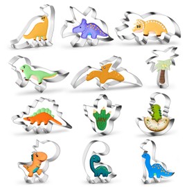 Dinosaur Cookie Cutters Set of 12, Steel Metal Dinosaur Theme Shapes Baking Mold for Kids Birthday Party Supplies, Footprint, Dinosaur Eggs,Brontosaurus, Camarasaurus, Stegosaurus, Thiceratops