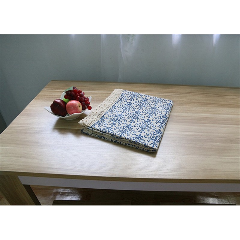 Superwinger Classic Linen Cotton Blue Flower Printed Tablecloth Dustproof Rectangular