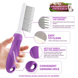 GENPEPADO Grooming Comb for Dogs and Cats with Matted Hair, Detangling Pet Comb with Long and Short Stainless Steel Metal Fine Teeth for Removing Mats, Tangles, Knots & Loose Fur from The Undercoat