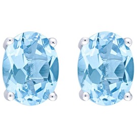 Natural Gemstone Oval Stud Earrings, Womens and Girls Birthstone Earrings, 925 Sterling Silver, 4mm x 6mm, with Gift Pouch (Topaz)