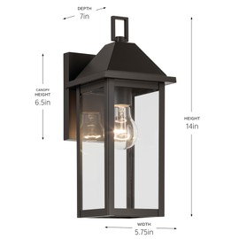 Kichler Prin 1-Light Outdoor Wall Light, Updated Traditional Light with Clear Glass in Olde Bronze, for Porch, Patio or Garage (14" x 5.75"), 59157OZ
