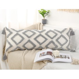PANOD Decorative Long Lumbar Pillow Cover 16x36 Boho,Super Soft Chenille Extra Long Lumbar Pillow Case Cover with Tassel for Bed Sofa Couch Farmhouse Livingroom,Grey,Modern Skinny
