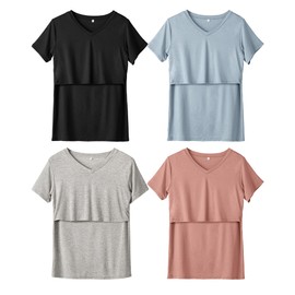 Rnxrbb 4 Pack Nursing Tops for Breastfeeding Summer Short Sleeve T Shirts V Neck Postpartum Clothes,Black&Light Gray&Pink&Gray Blue XL
