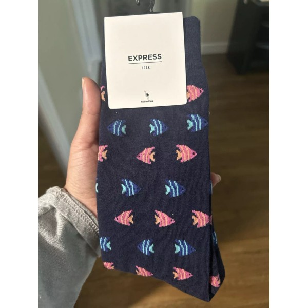 Express Blue Pink Fish Print Socks Men's NWT Size 8-13