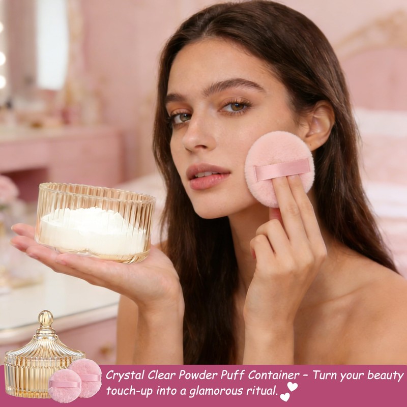 Body Powder Puff Container Set 3Pcs 6" Large Glass Dusting
