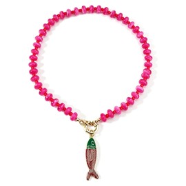 INENIMARTJ Hot Pink Chunky Beaded Fish Pendant Choker Necklace for Women