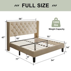 Feonase Full Size Bed Frame with Upholstered Wingback Headboard, Platform Bed and Heavy Duty Wooden Slats Support, Easy Assembly, Noise-Free, No Box Spring Needed, Beige