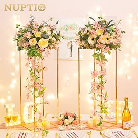 Jarrones de oro Nuptio para centros de mesa de boda - 2 piezas de 31.5 pulgadas de alto, jarrones de flores de metal para decoración de mesas de fiesta - Elegante decoración de bodas al por mayor