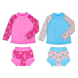 BIG ELEPHANT 2 Pcs Rash Guard Swim Diapers Sets for Unisex Baby, Boys Girls Long Sleeve Swimsuit with UPF 50+ Sun Protection, 6-12 Months Blue/Pink
