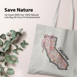 Veqzc California Gifts Tote Bag, Coquette Pink Bow Floral Map Canvas Tote Bags for Women, California Themed Gifts, Patriotic Gift for Women, Girly Reusable Grocery Shopping Bags